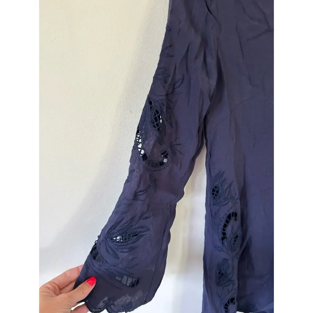ASTR The Label womens romper size XS navy lace 3/4 sleeve v neck button front